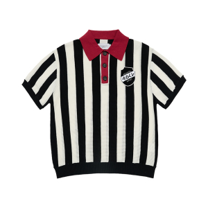 COLLAR POINT STRIPE SHORT SLEEVE KNIT BLACK