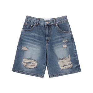 HEM LINE DESTROYED DENIM SHORT PANTS BLUE